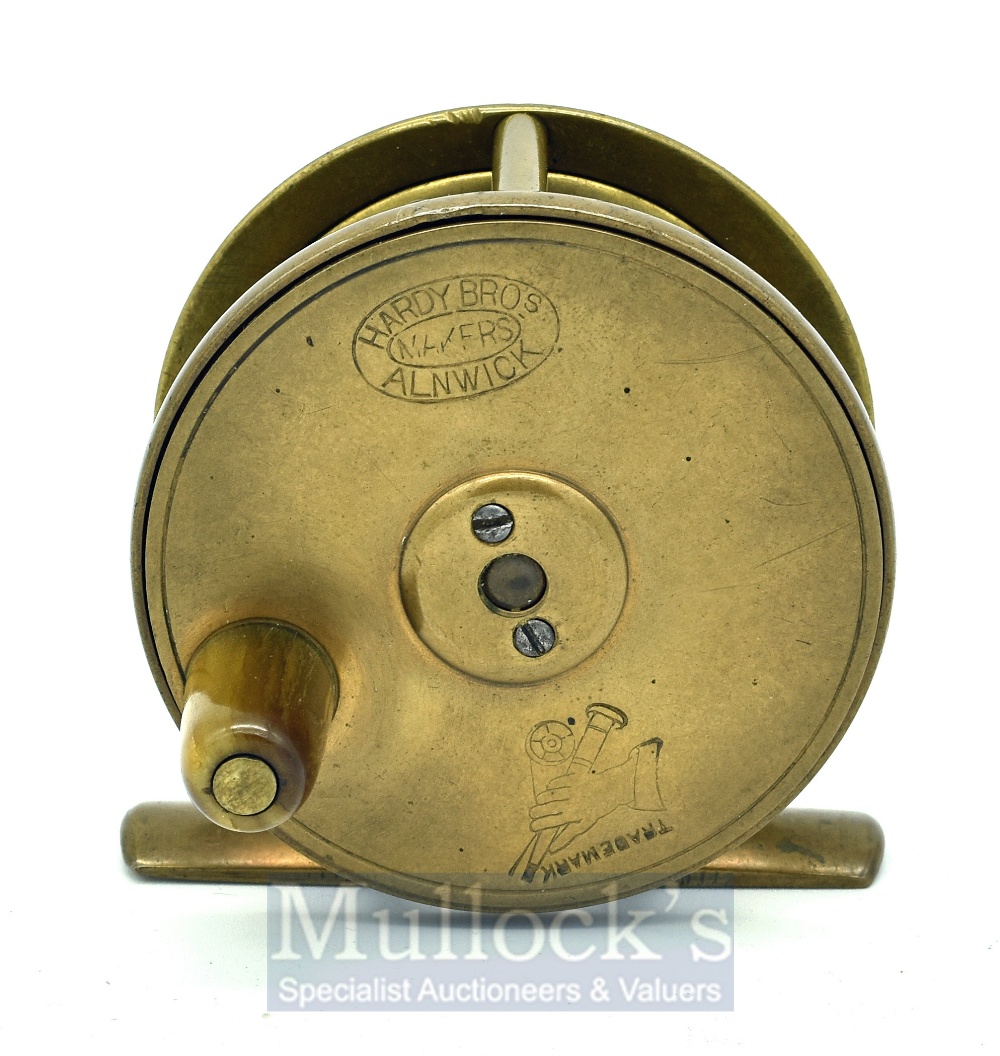 Hardy Birmingham 2 3/8” brass plate wind reel – with makers Rod in Hand and oval logos - original