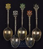 Hallmarked Silver Golf Spoons Cased: 5 spoons having enamelled North Worcestershire Golf Club shield