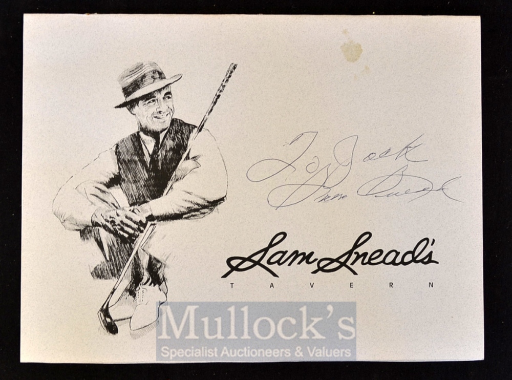 Sam Snead US Open and Masters Golf Champion signed golfing dinner menu - signed on the cover of “Sam