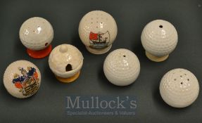 7x various ceramic souvenir and condiment golf balls - to incl Grafton China “Budleigh Salterton”