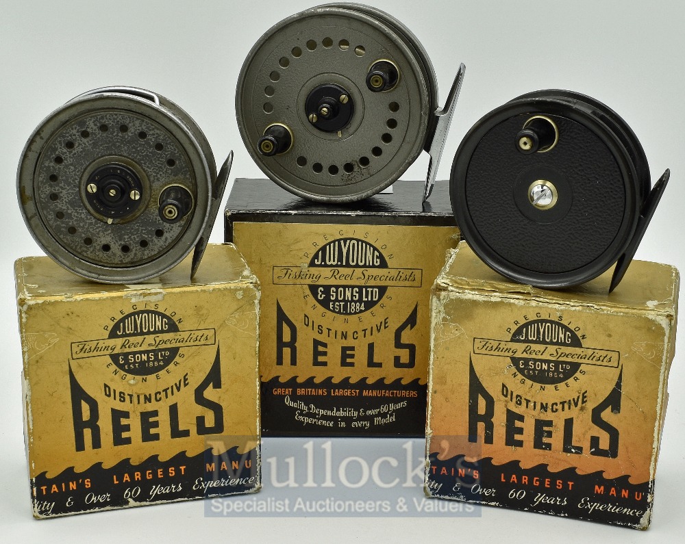 Collection of J.W Young & Son alloy fly reels in makers boxes - Beaudex 3.1/4” grey bobble finish; - Image 2 of 2