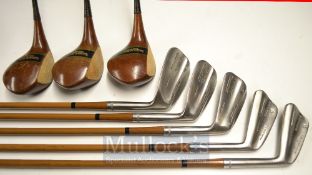 8x Gibson of Kinghorn Clubs to include 3 Woods, driver, brassie, spoon in light stained persimmon