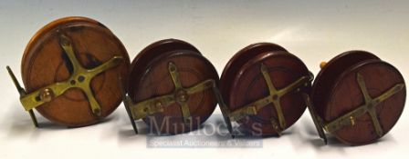 Nottingham wooden & brass Star Back reels, To include various sizes 4” to 5”, all with twin handles,