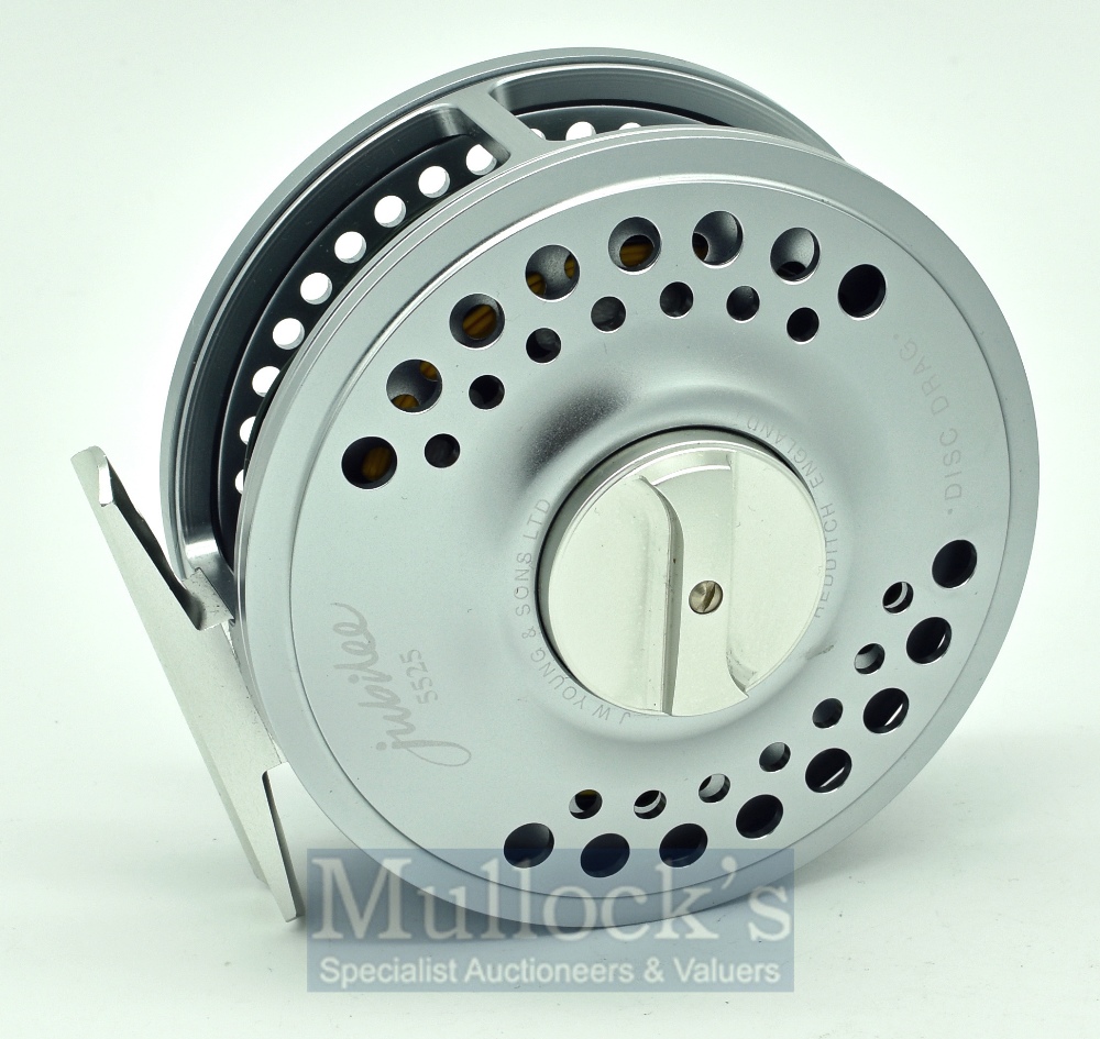 J W Young Jubilee 4” high tech alloy salmon fly reel in silver finish, black counter balanced - Image 2 of 2