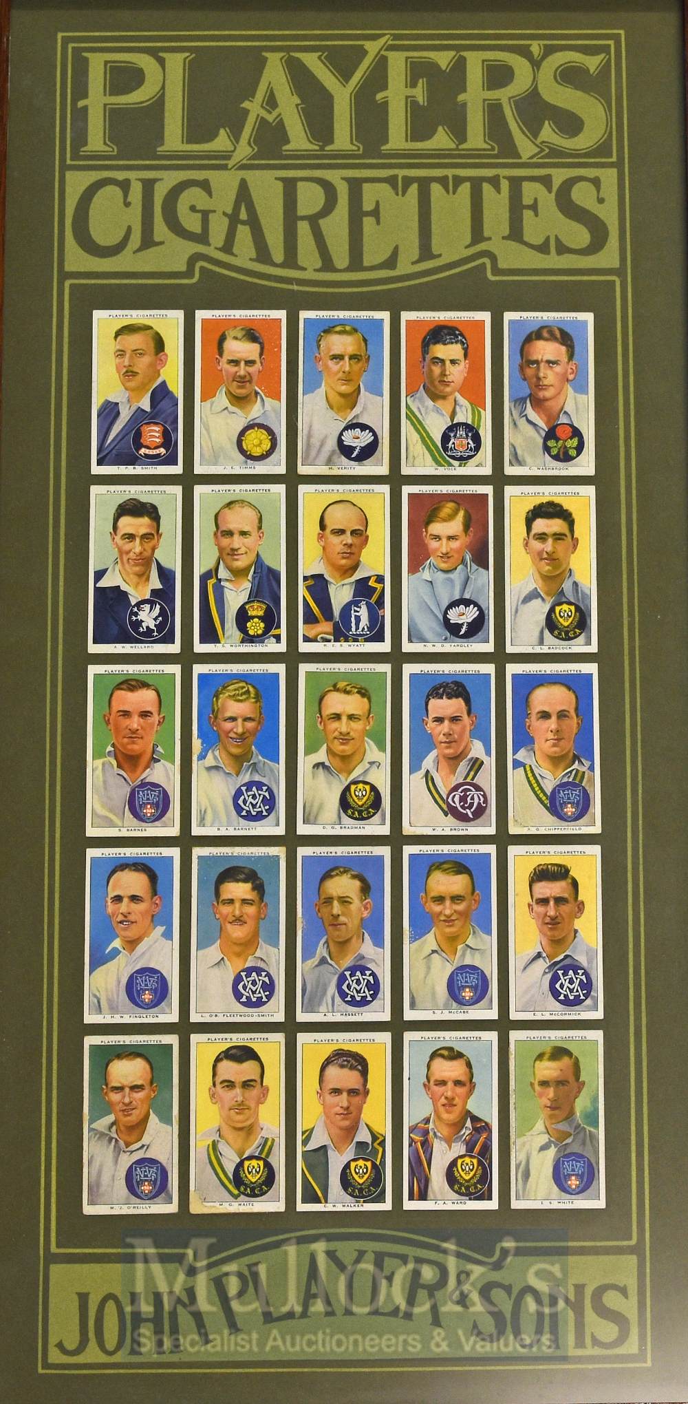 1938 John Player & Sons Cricket Cigarette Cards a half set, framed measures 31x60cm approx. with