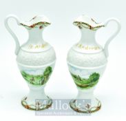 Pair of Minton St Andrews Miniature Claret Jugs: Ceramic with transfer golfing scenes with St