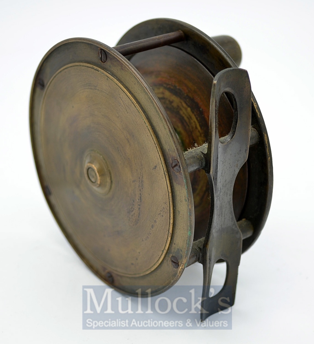 A Carter & Co Ltd London 4” Hercules style brass salmon reel - smooth waist shape perforated brass - Image 2 of 2