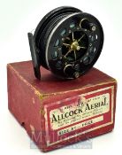 Allcock The Aerial 3.75” black alloy centre pin reel – some rim wear – c/w fly line – spins freely