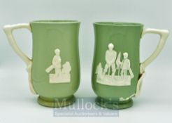 Pair of Spode Fortuna Tankards: Green tankard with white relief golfing figures and handles 7”