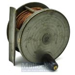 J McGowan London 3.5” bronzed wide drum brass plate wind salmon fly reel c.1870 – good straight