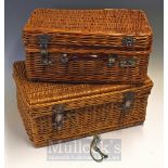 2x Wicker baskets – both with hinged lids and handles (one handle missing) - both with minor