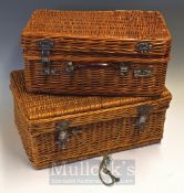 2x Wicker baskets – both with hinged lids and handles (one handle missing) - both with minor