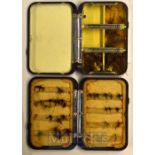 Hardy Neroda dry fly box 4”x 2.5”, mottle brown exterior, compartment base with six celluloid
