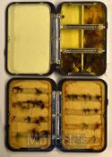 Hardy Neroda dry fly box 4”x 2.5”, mottle brown exterior, compartment base with six celluloid