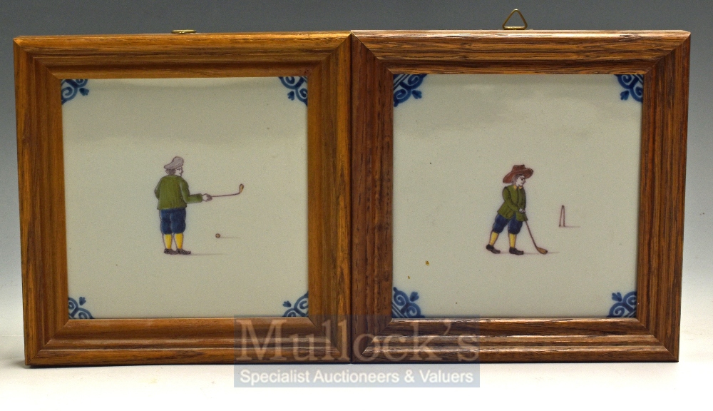 Pair of Hand Coloured Blue & White Delft Ware Golfing Tiles: By Royal Tichelaar Makkum Holland