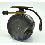 Malloch’s Patent sidecaster reel: 4” alloy and brass reel, horn handle, cross hatched slide button