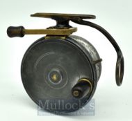Malloch’s Patent sidecaster reel: 4” alloy and brass reel, horn handle, cross hatched slide button