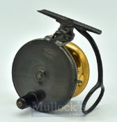 P.D. Malloch Perth Patent brass side casting reel - stamped 3.25” diameter, black horn handle,
