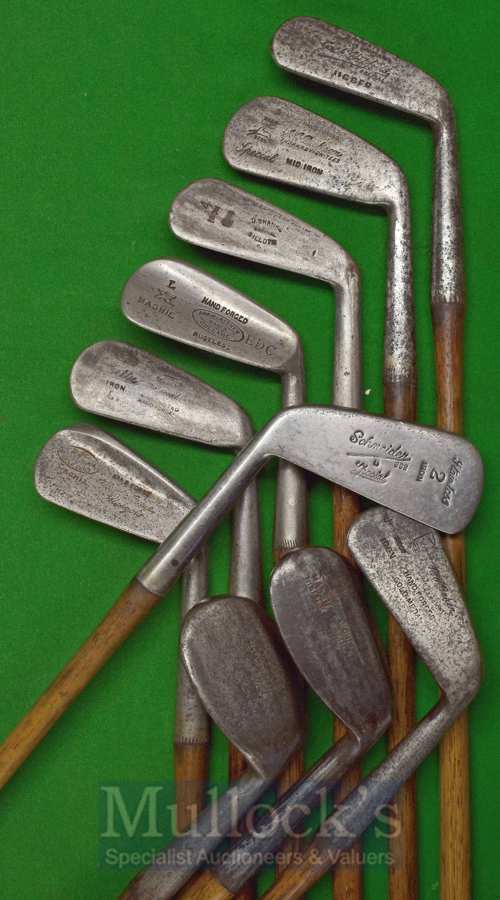 10x Assorted Irons to include a Stag brand mid iron, an Anderson mashie niblick, a Forgan 4 iron,