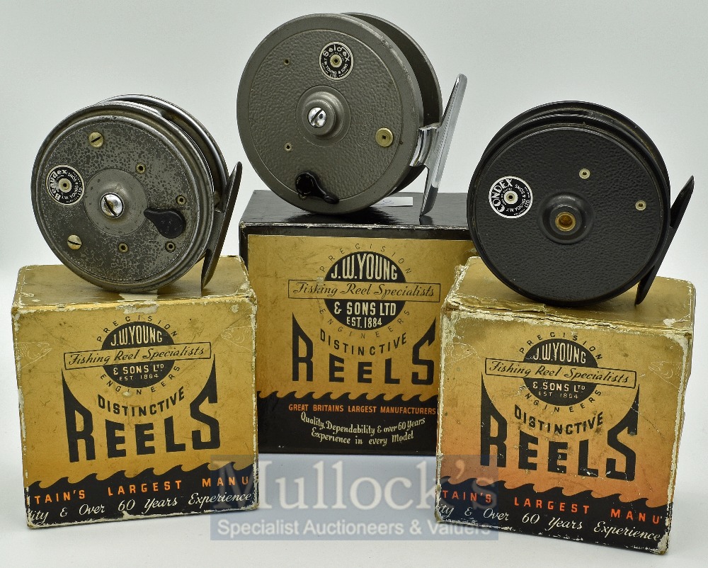 Collection of J.W Young & Son alloy fly reels in makers boxes - Beaudex 3.1/4” grey bobble finish;