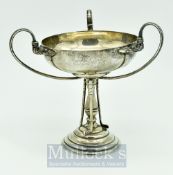 Hallmarked Silver Art Deco Golf Cup: 3 Handled cup with 3 golf club pedestal Birmingham hallmarked