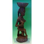 African Woman Wooden figure - Large African woman carrying a bowl on her head 54cm high