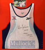Colin Jackson Championship Worn Vest – Has worn in the 110 meters Hurdles at Seville 1999 signed and