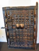 African Carved Wood Granary Door – Highly decorated with stylised figures still retaining the catch