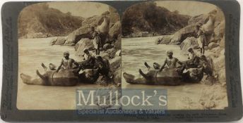 India & Punjab – Boat Crossing the River Sutlej A rare stereoview photo showing inflating bullock
