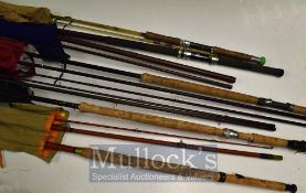 Selection of Fishing Rods: To include Powell of Birmingham 3 pcs, Milbro 2 pcs, Normark Golden Eagle