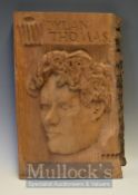 Dylan Thomas Portrait Wood Carving: Carved from one piece of wood and signed JH 1983, 50 x 36cm