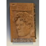 Dylan Thomas Portrait Wood Carving: Carved from one piece of wood and signed JH 1983, 50 x 36cm
