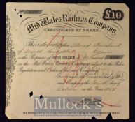 Mid Wales Railway Company 1859 £10 Share Certificate No 4890 printed and completed in hand, in