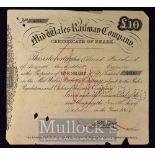 Mid Wales Railway Company 1859 £10 Share Certificate No 4890 printed and completed in hand, in