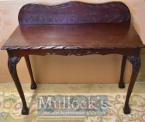 Cycling Tour of Ulster Presentation Table: Dark Wood with carved legs having a back board engraved