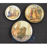 Prattware Ceramics Pot Lids: Three of pot lids having Peabody, Volunteers, Flirting scenes, pot lids