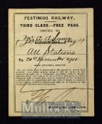 Festiniog Railway "Free Pass" 1911 Made out to Mr. A. Adams, J.B. Saunders and a boy. 3rd Class Free