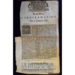 Charles II By The King – 1680 A Proclamation For a General Fast Broadside - printed by the Assigns