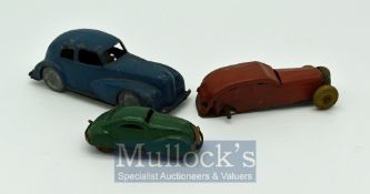 Tin Plate Clockwork Toys – To include 4" Blue Sedan, 2.5" Green Sedan and another missing 1 wheel (