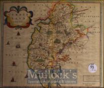 Robert Morden Map of Cumberland hand coloured published 1695, framed measures 47x40cm approx.