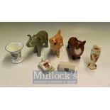 Beswick China Dogs: Corgi, Labrador. Midwinter Elephant, 2 crested ware, Wedgwood vase, Royal