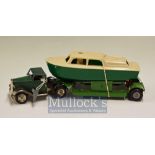 Tri-ang Minic Clockwork Boat Transporter – Green and Chrome Tractor unit with green trailer have the
