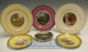 Prattware Ceramics: Selection of plates to consist of three 10" and two 7" together with a Tea Pot