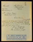 Australia 1925 – George Hurd Autograph Letter to Alan Raffin apologising for the delay in