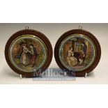 Prattware Ceramics Pot Lids: Pair of pot lids both having lovers scenes in wooden wall hanging