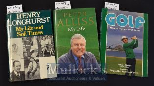 3x Signed Golf Books to include Peter Alliss My Life, Henry Longhurst My Life and Soft Times, and