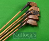 5x Various Hickory Socket Head Woods Golf Clubs – To include examples from W Bennett, Recorder, T
