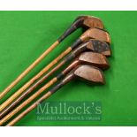 5x Various Hickory Socket Head Woods Golf Clubs – To include examples from W Bennett, Recorder, T