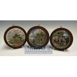Prattware Ceramics Pot Lids: Three of pot lids all having rural scenes in wooden wall hanging