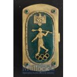 1936 Olympics Snuff Box in white metal and green enamel depicts German Symbol to top, with